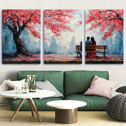3pcs Romantic Cherry Blossom with Couple on Bench Metal Print Ready to Hang Art