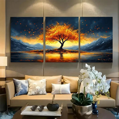 3pcs Vibrant Nature Solitary Golden Tree Metal Print Ready to Hang Art