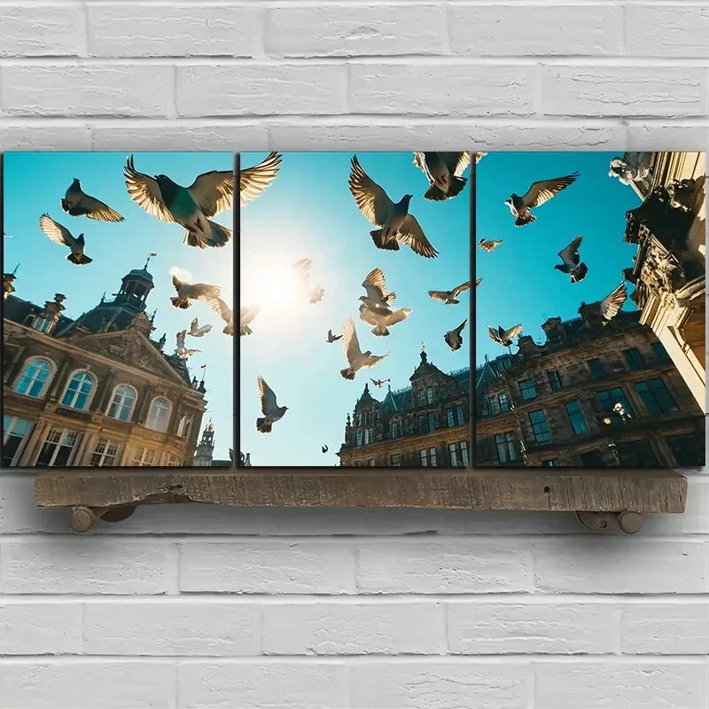 3pcs Flying Pigeons Blue Sky Clouds Metal Print Ready to Hang Art