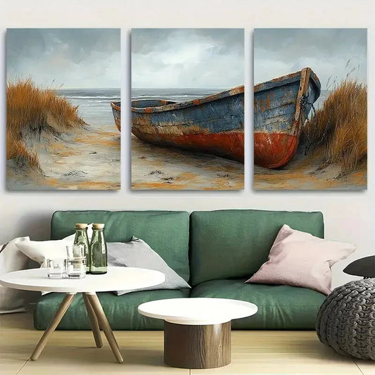 3pcs Nautical Rustic Boat on Beach Metal Print Ready to Hang Art