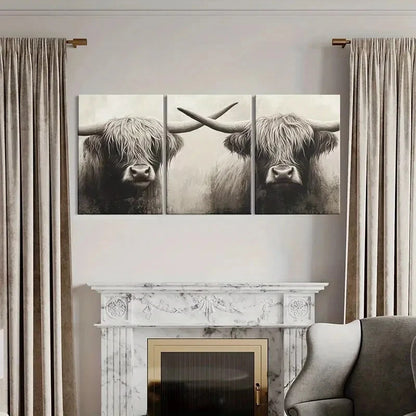 3pcs Highland Cattle Wildlife Painting Art Metal Print Ready to Hang Art