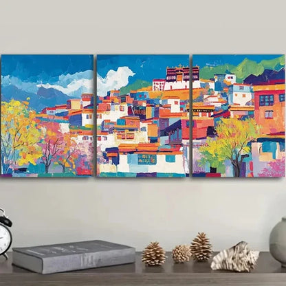 3pcs Buildings Along the Lhasa River Perfect Wall Art Set Canvas Unframed - High Quality Print 100% Australian Made Wall Canvas