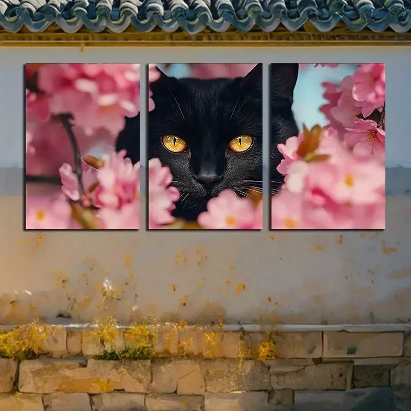 3pcs Black Cat with Amber Eyes Triptych Canvas Framed 40x60cm - High Quality Print 100% Australian Made Wall Canvas Ready to Hang