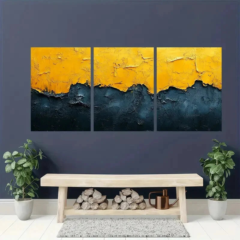 3pcs Abstract Yellow & Black Minimalist Textured Metal Print Ready to Hang Art