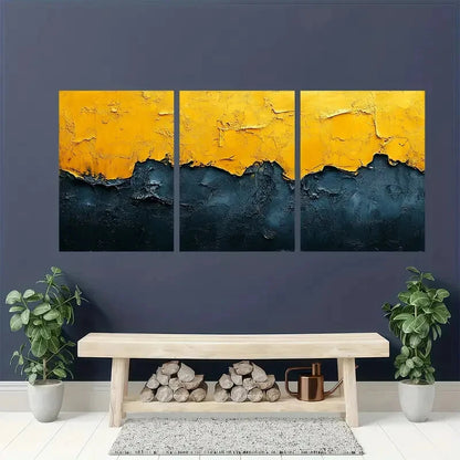 3pcs Abstract Yellow & Black Minimalist Textured Metal Print Ready to Hang Art