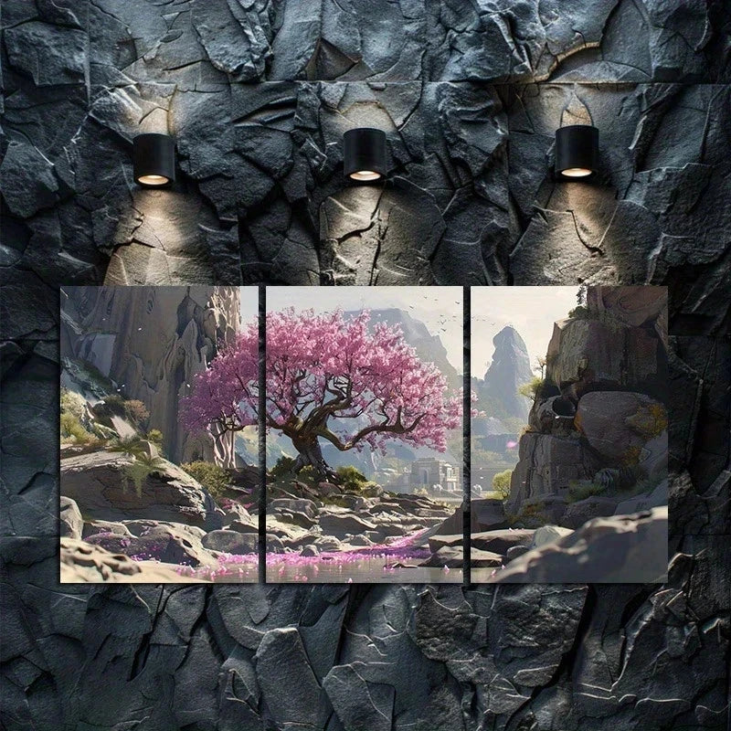 3pcs Serene Pink Tree in Rocky River Scene Metal Print Ready to Hang Art