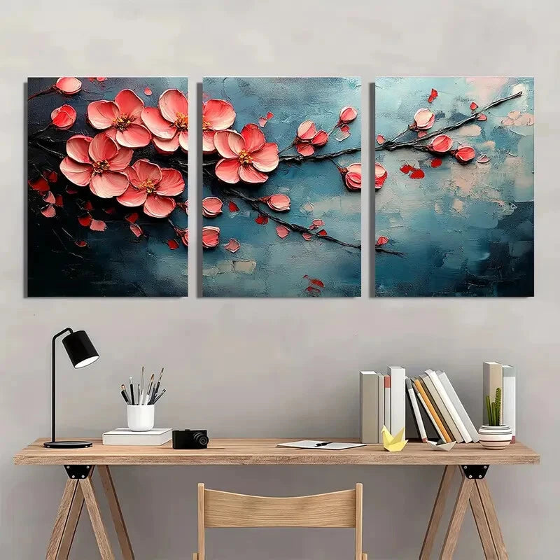 3pcs Pink Floral Oil Painting with Abstract Metal Print Ready to Hang Art