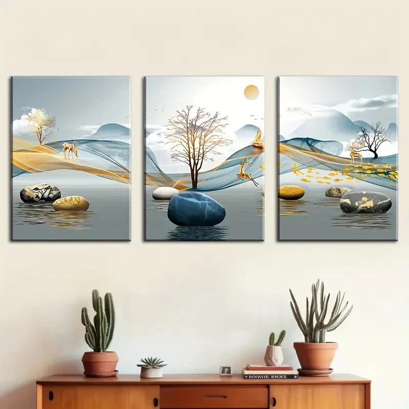 3pcs Landscape Elk Abstract Geometric Art Metal Print Ready to Hang Art