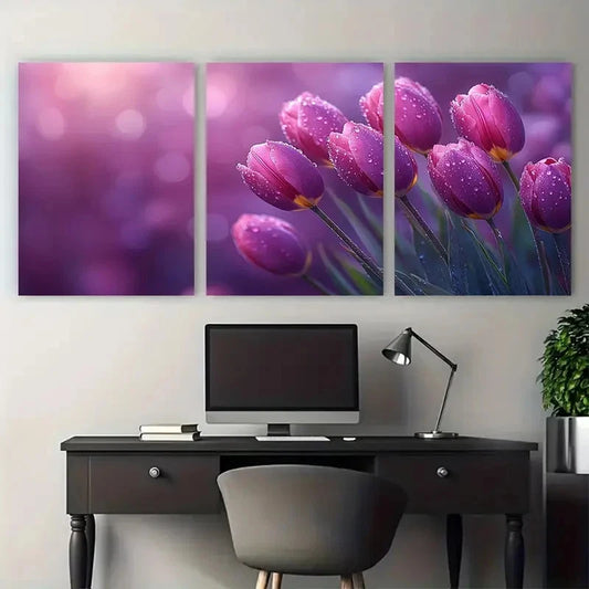 3pcs Tulip Bouquet Violet Toned Illustration Wall Art Set Canvas Framed 40x60cm - High Quality Print 100% Australian Made Wall Canvas Ready to Hang