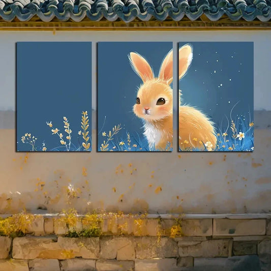 3pcs Vibrant Rabbit in Garden Illustration Metal Print Ready to Hang Art