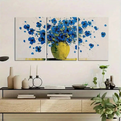 3pcs Blue Flowers in Yellow Vase Art Painting Metal Print Ready to Hang Art