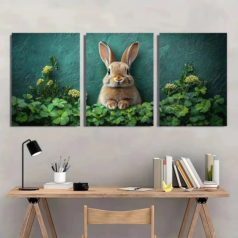 3pcs Bunny & Shamrock Green Clover and Rabbit Wall Art Set Canvas Framed 60x90cm - High Quality Print 100% Australian Made Wall Canvas Ready to Hang