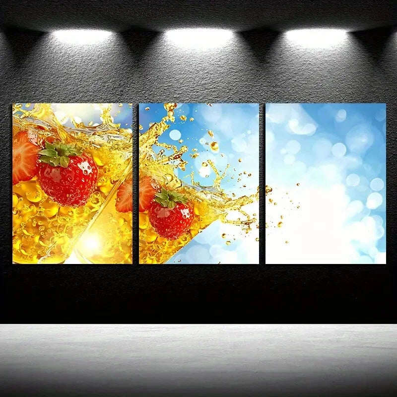 3pcs Vibrant Strawberry Juice Illustration Metal Print Ready to Hang Art