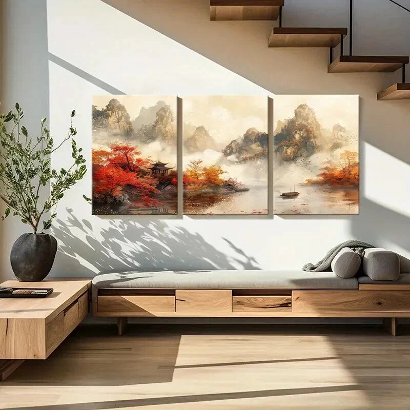 3pcs Retro Chinese Traditional Architecture Metal Print Ready to Hang Art