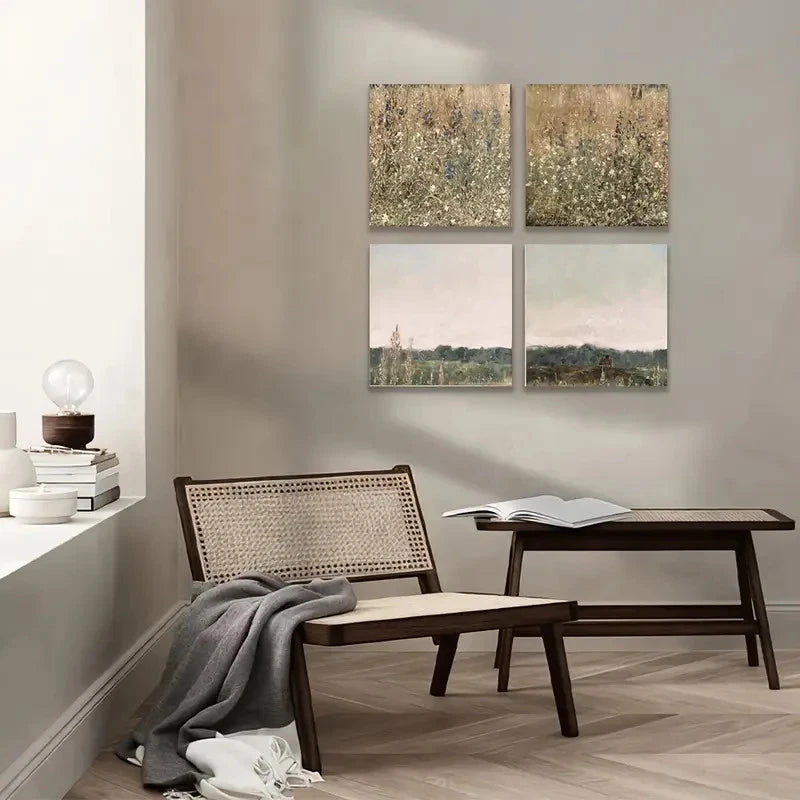 4pcs Vintage Wall Art, Wildflower Field Set Wall Art Canvas Framed