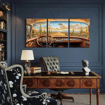 3pcs Desert Landscape Vintage Car Blue Sky Metal Print Ready to Hang Art