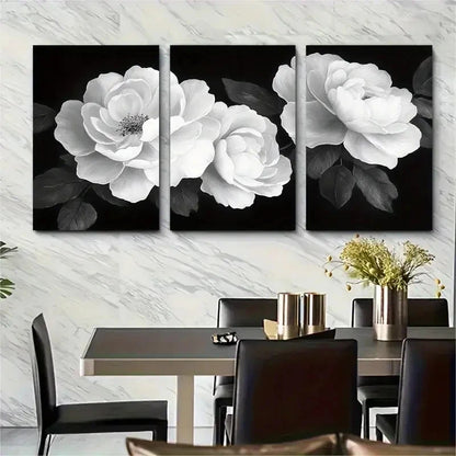 3pcs Black And White Floral Rose Décor Perfect Wall Art Set Canvas Framed 40x60cm - High Quality Print 100% Australian Made Wall Canvas Ready to Hang