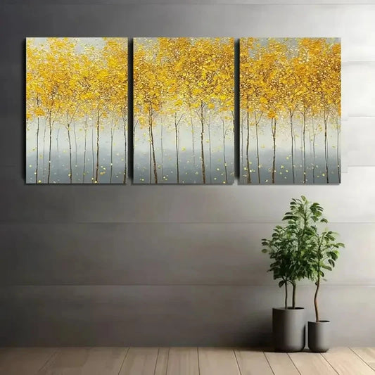 3pcs Painting of Yellow Leaves on Trees Metal Print Ready to Hang Art