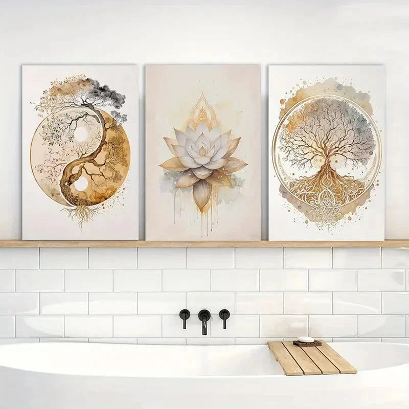 3pcs Painting Tree of Life Lotus Zen Metal Print Ready to Hang Art