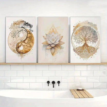3pcs Painting Tree of Life Lotus Zen Metal Print Ready to Hang Art