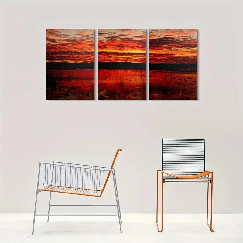 3pcs Vibrant Sunset Over Sky & Water Metal Print Ready to Hang Art