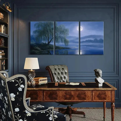 3pcs Moonlit Willow Reflection Landscape Metal Print Ready to Hang Art