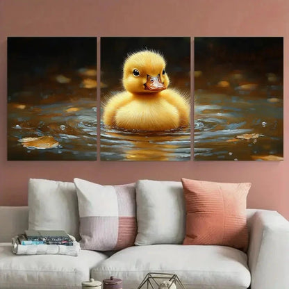 3pcs Vibrant Yellow Duckling Illustration Metal Print Ready to Hang Art