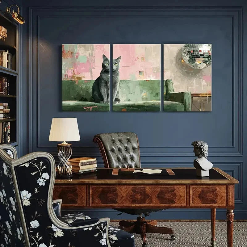 3pcs Urban Chic Green Sofa & Disco Ball Design Metal Print Ready to Hang Art