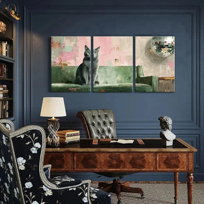 3pcs Urban Chic Green Sofa & Disco Ball Design Metal Print Ready to Hang Art