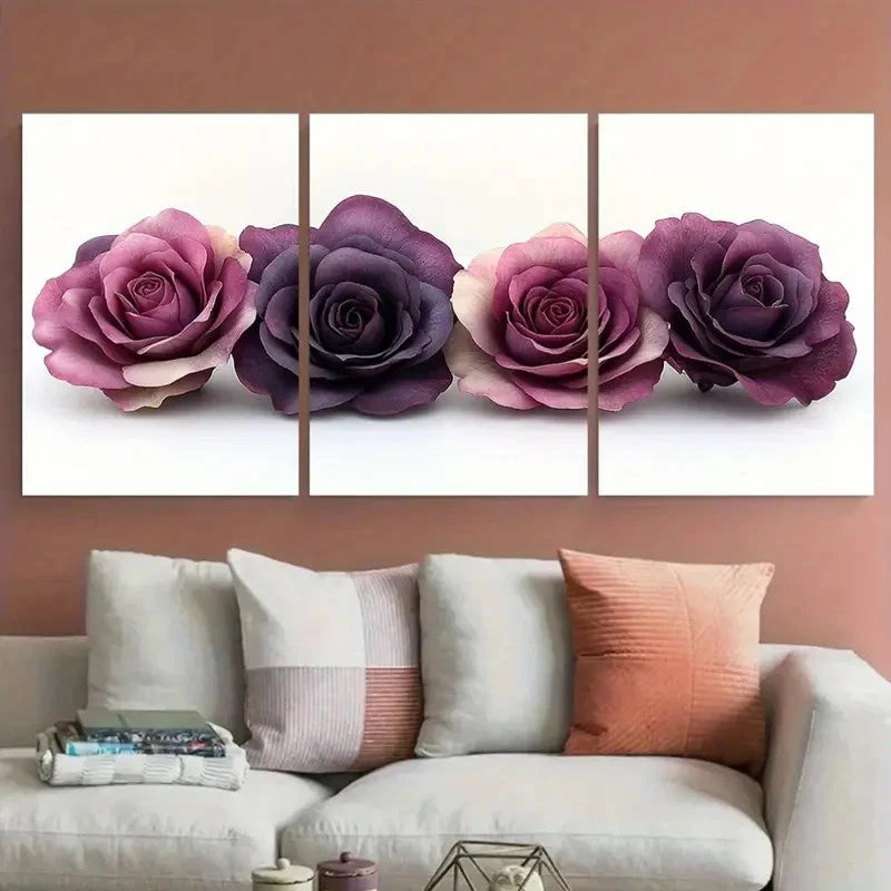 3pcs Minimalist Deep Magenta Roses Pastel Florals Metal Print Ready to Hang Art