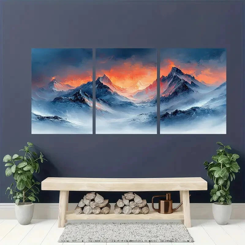 3pcs Blush and Black Mountain Landscape Metal Print Ready to Hang Art