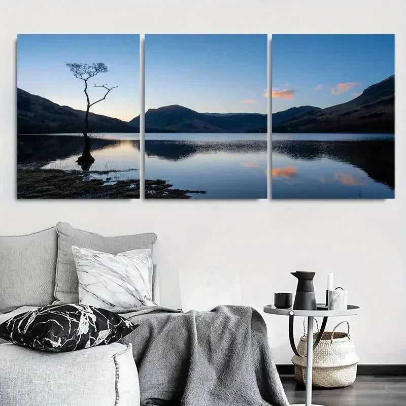 3pcs Tranquil Lake Serene Solitary Tree Metal Print Ready to Hang Art