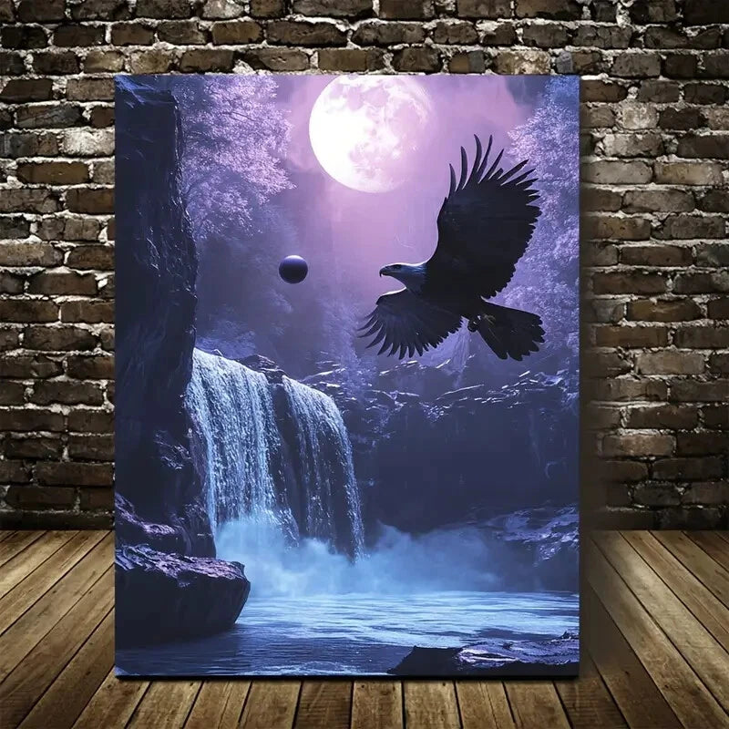 Cyberpunk Eagle & Waterfall Scene Painting 40x60cm Metal Print Ready to Hang