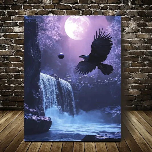 Cyberpunk Eagle & Waterfall Scene Painting 40x60cm Metal Print Ready to Hang