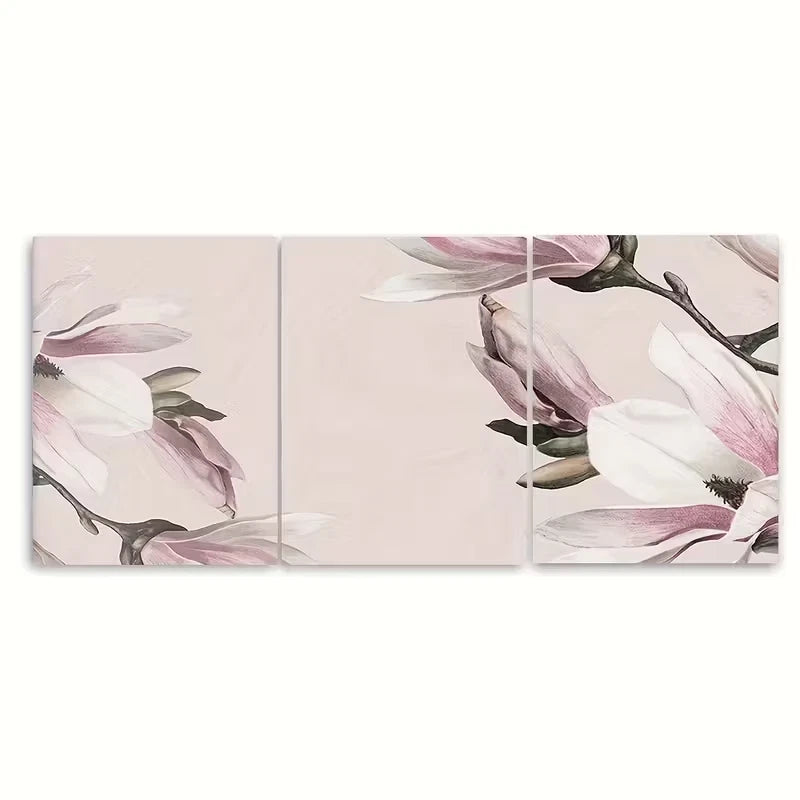 3pcs Light Pink Magnolia Blossom Metal Print Ready to Hang Art