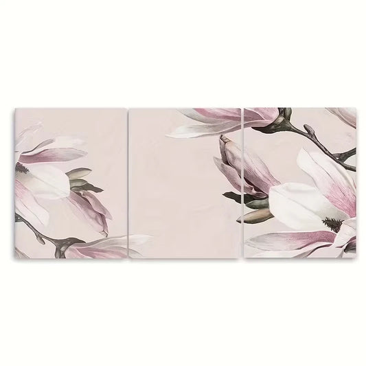 3pcs Light Pink Magnolia Blossom Metal Print Ready to Hang Art
