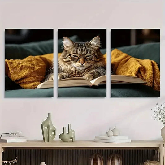 3pcs Playful Reading Cat Design Metal Print Ready to Hang Art