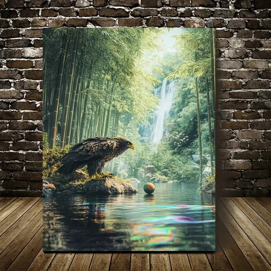 Majestic Eagle Playing with Ball in Bamboo Painting 40x60cm Metal Print Ready to Hang