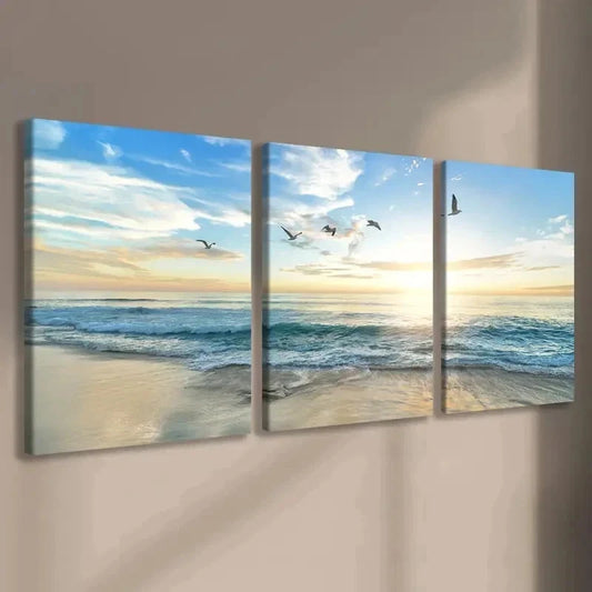 3pcs Beautiful sea , Vibrant Sunset Wall Art Set Canvas Framed 40x60cm - High Quality Print 100% Australian Made Wall Canvas Ready to Hang