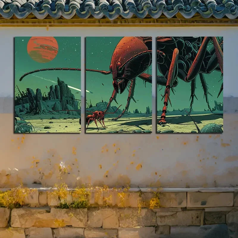 3pcs Vibrant Giant Ants Illustration Metal Print Ready to Hang Art