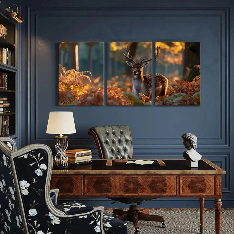 3pcs Autumn Forest Deer Art Wildlife Print Metal Print Ready to Hang Art