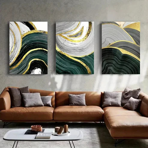 3pcs Gold Green Marble Line Wall Art Set Canvas Unframed - High Quality Print 100% Australian Made Wall Canvas