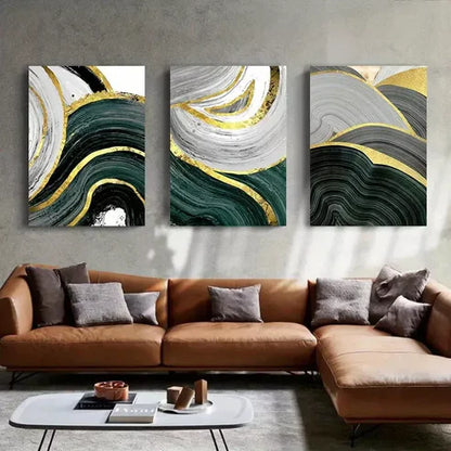 3pcs Gold Green Marble Line Wall Art Set Canvas Unframed - High Quality Print 100% Australian Made Wall Canvas
