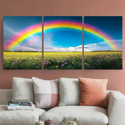3pcs Vibrant Rainbow Field Spring Landscape Metal Print Ready to Hang Art