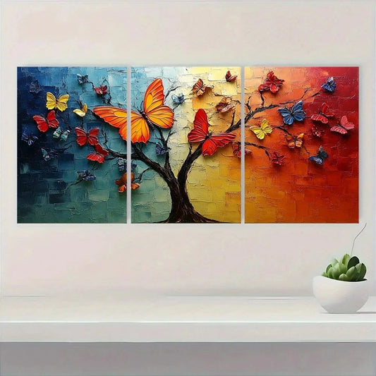 Colorful butterfly painting on a wall with a small plant below.