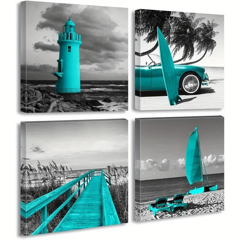 4pcs Frame Beach Wall Art Canvas Framed