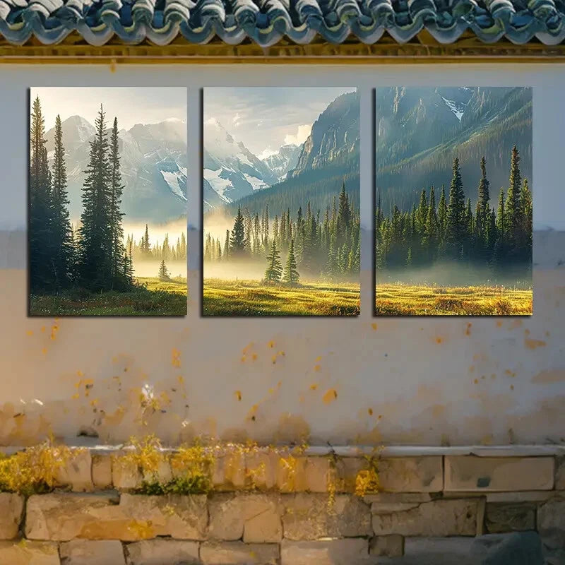 3pcs Verdant Plain & Snow-Capped Mountains Metal Print Ready to Hang Art