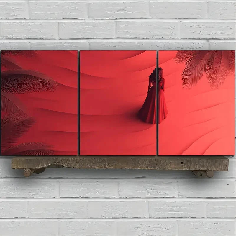 3pcs Coconut Trees and Silhouette Woman Beach Metal Print Ready to Hang Art