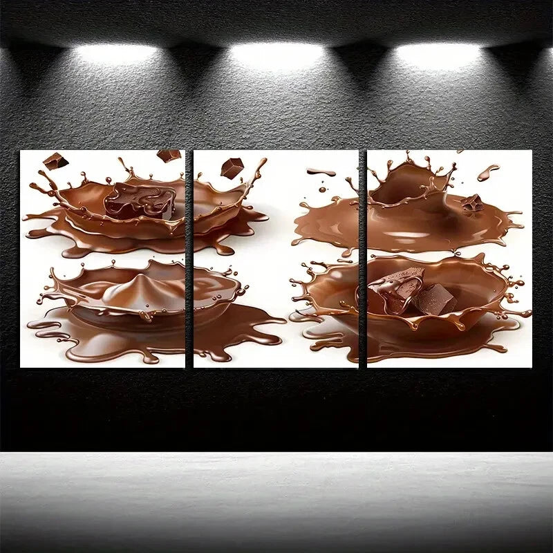 3pcs Chocolate Splash in White Background Metal Print Ready to Hang Art