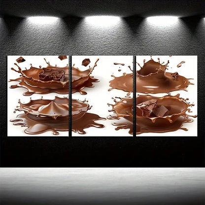 3pcs Chocolate Splash in White Background Metal Print Ready to Hang Art